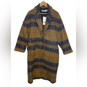 BNWT Zara Women’s Multicolor Textured Wool Blend Long Coat